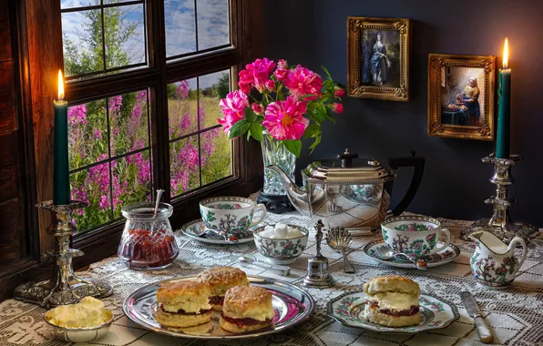 Bouquet, candles, Cup, pictures, plates, sugar, vase, still life