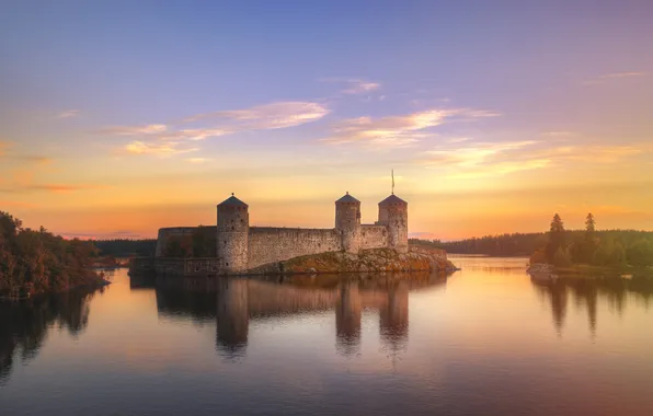 Clouds, sunset, reflection, castle, shore, view, dal, fortress