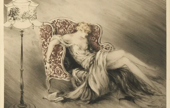 Picture vintage, 1928, Louis Icart, Thinking