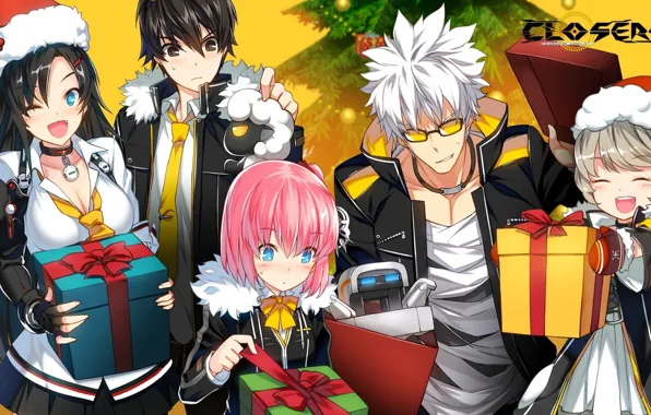 Girls, tree, art, gifts, Anime, guys, yellow background, action