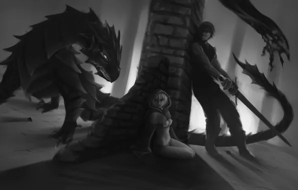 Picture girl, fear, dragon, elf, sword, art, black and white, guy