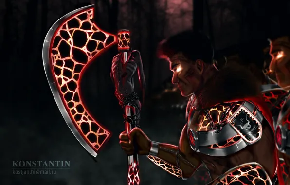Forest, night, armor, warrior, art, axe