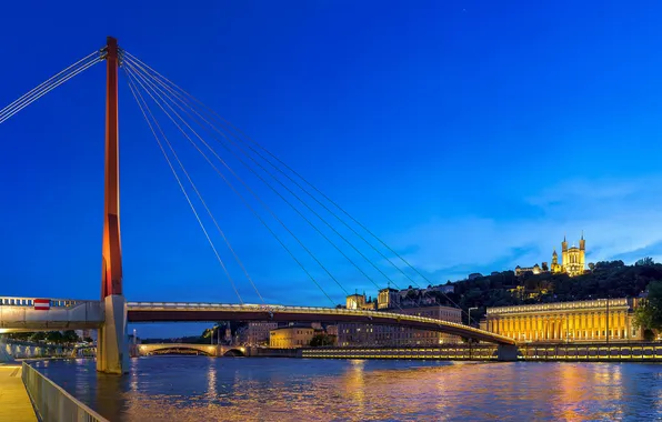 Night, bridge, lights, river, France, promenade, Lyon