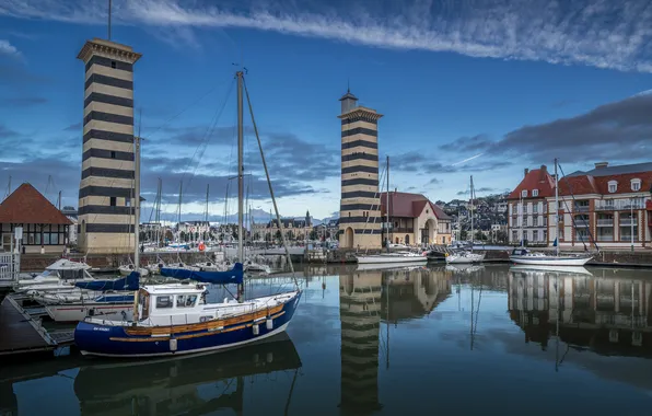 Picture reflection, France, yachts, port, tower, France, harbour, Normandy