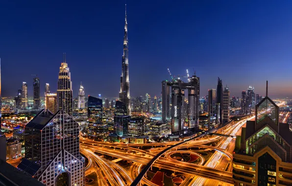 Night, the city, lights, road, home, Dubai, skyscrapers, the view from the top