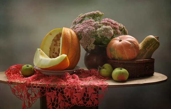Picture autumn, flowers, apples, pumpkin, still life, September, melon, stonecrop