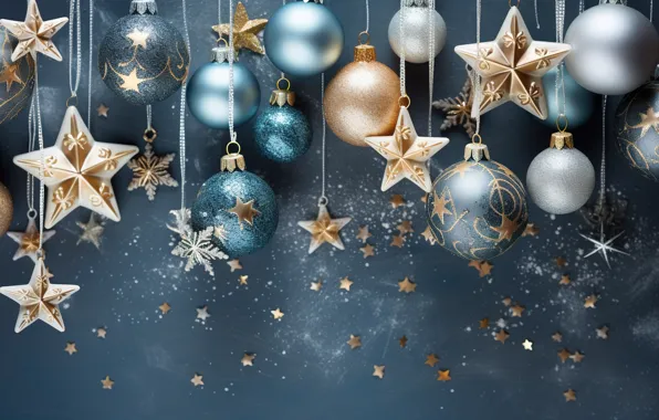 Stars, background, balls, New Year, Christmas, golden, new year, happy
