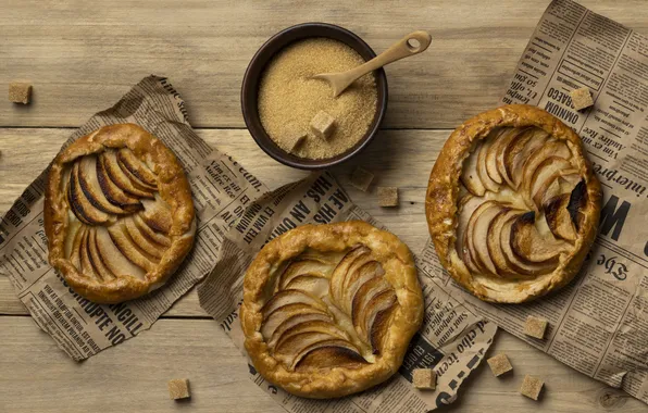 Table, apples, Board, spoon, newspaper, sugar, bowl, dessert