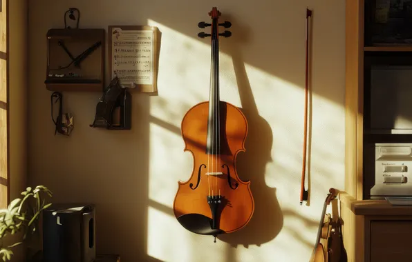 Light, music, room, wall, violin, window, items, musical instrument