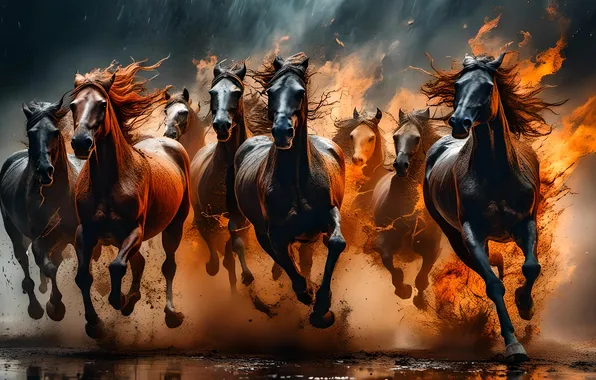 Fire, flame, smoke, figure, horses, picture, horse, running