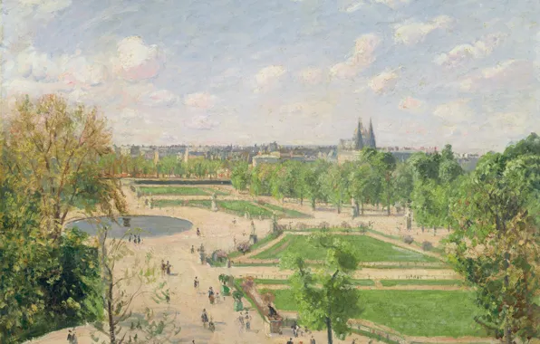 Picture landscape, the city, Park, Paris, picture, Camille Pissarro, The Gardens Of The Tuileries. Morning. Spring
