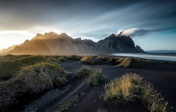 Beach, the sky, clouds, mountains, Iceland, the fjord, Cape, Have stoknes