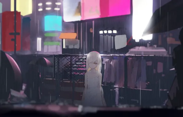 Sadness, the city, people, rain, girl, Bakemonogatari, Oshino Shinobu