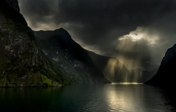Mountains, clouds, storm, nature, the shower, the fjord