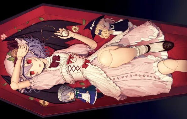 Picture doll, the coffin, red eyes, art, Marisa Anne, vampire, Izayoi Sakuya, black wings