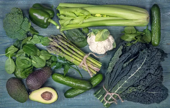 Greens, pepper, cabbage, cucumbers, avocado