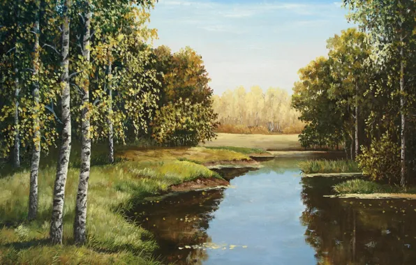 Forest, the sky, water, river, shore, picture, artist, painting