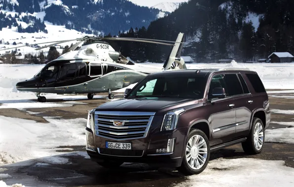 Picture snow, mountains, Cadillac, helicopter, Escalade, Cadillac, 2015, EU-spec
