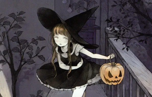 The evening, railings, Halloween, pumpkin, art, Jack, witch hat, witch