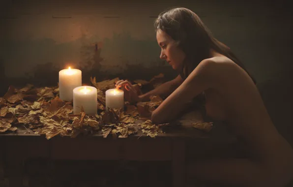 Girl, Chest, Candles, Leaves, Model, Face, Brunette, Naked