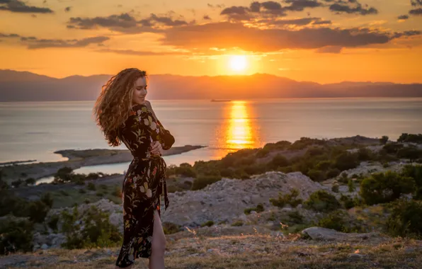 Girl, dress, is, background, sunset, in