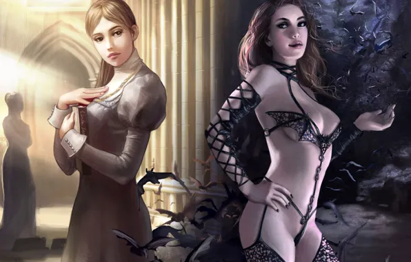 Opposites, witch, two girls, nun