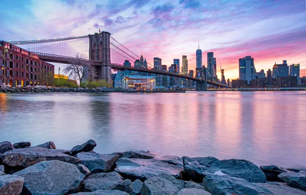 The sky, sunset, bridge, the city, lights, stones, dawn, shore