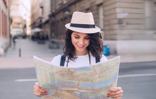 Summer, girl, the city, street, map, hat, beautiful, long hair