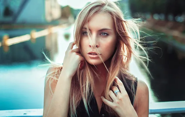 The sun, bridge, pose, river, model, portrait, hands, makeup