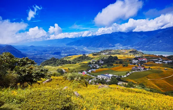 The sky, clouds, landscape, nature, valley, settlement