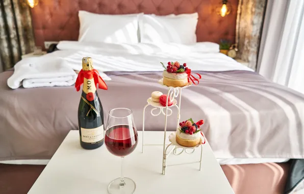 Glass, the hotel, champagne, cakes