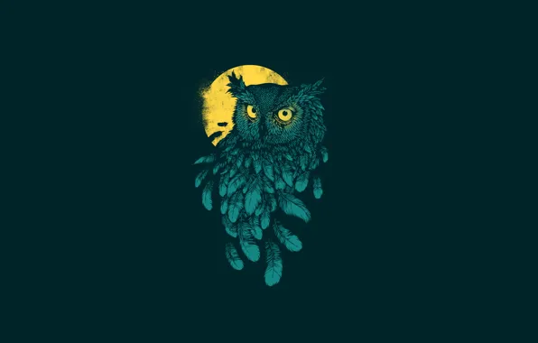 The dark background, owl, bird, minimalism, feathers, moon, owl, yellow moon