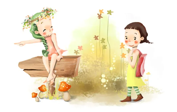 Picture summer, flowers, girls, figure, mushrooms, braid, wreath, smile