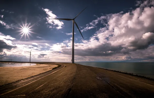 Picture sea, the sky, windmills