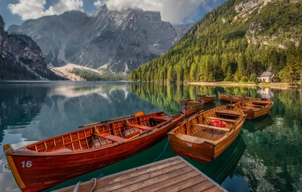 Mountains, lake, boats, Italy, Italy, The Dolomites, South Tyrol, South Tyrol