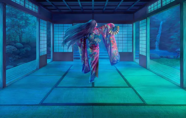Picture girl, night, dance, fan, yukata, art, erhu