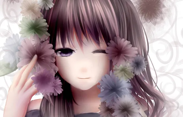 Picture girl, flowers, smile, patterns, anime, art, wink, ryaku-ko