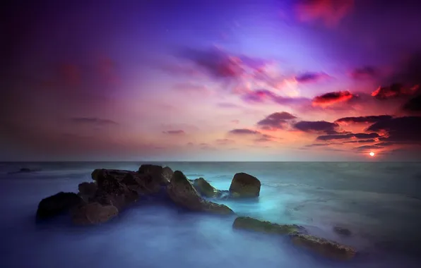 Beach, nature, stones, the ocean, dawn