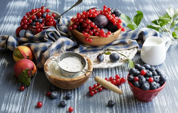 Berries, still life, plum, blueberries, flour, nectarines, red currant