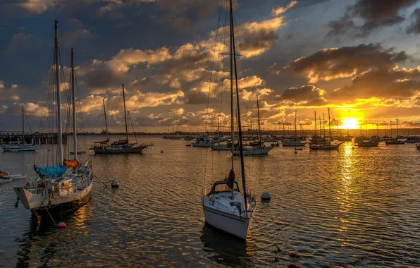 Sunset, yachts, Bay, San Diego
