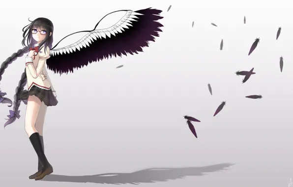 Girl, wings, shadow, angel, feathers, Bakemonogatari