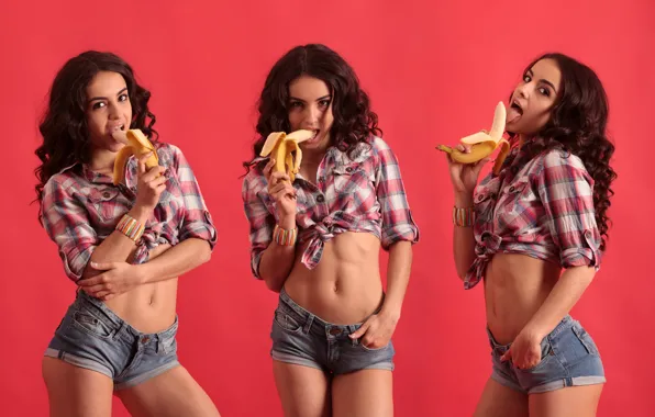 Girl, shorts, brunette, bananas, cute