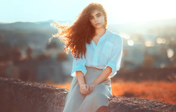 Field, look, girl, the sun, light, mountains, nature, pose