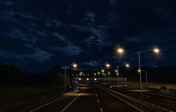 HDR, Clouds, Night, Street, Game, Moonlight, Trees, Highway