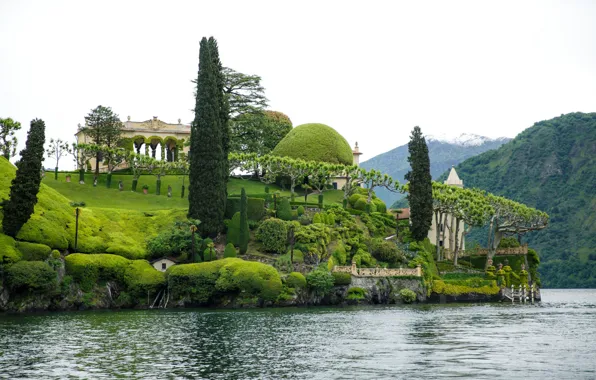 Trees, lake, Villa, Italy, Lombardy, Como, Villa del Balbianello