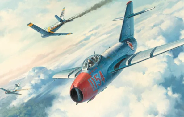 Picture war, art, painting, aviation, F-86 Sabre, Mig 15, Korea war