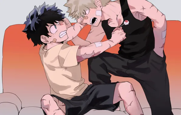 Sofa, guys, scars, My hero Academy, My Hero Academia, Boku No Hero Academy, Midori Isuku, …