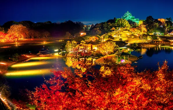 Picture autumn, night, lights, pond, Park, Japan, Okayama