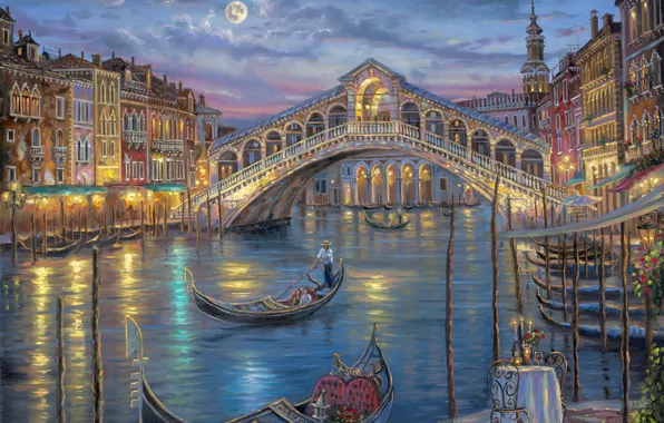 Flowers, night, bridge, the moon, romance, candles, Italy, Venice