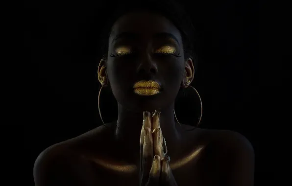 Girl, style, gold, model, mulatto, black background, makeup, dark girl